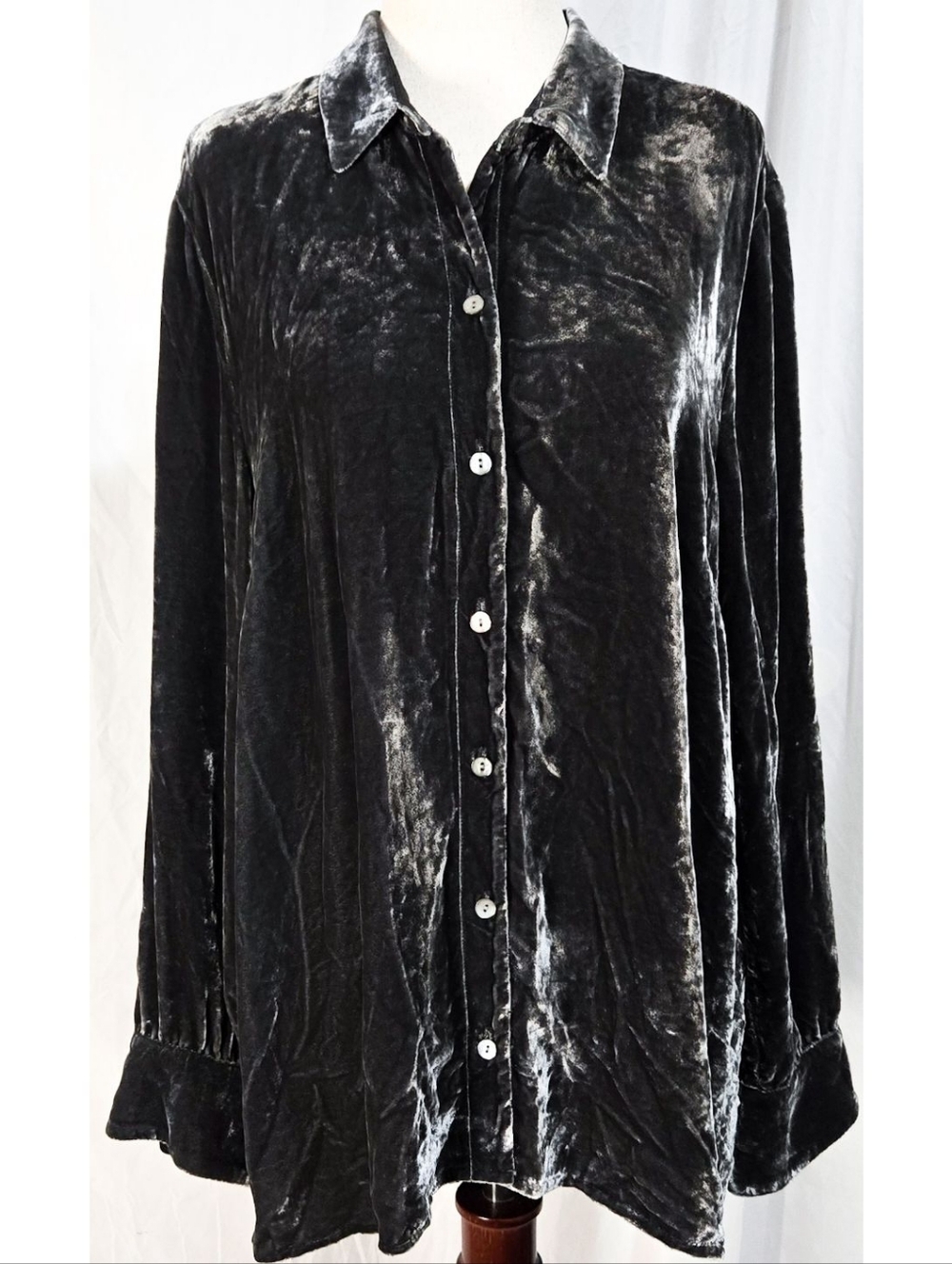 J Jill Velvet Oversized Button Down Shirt Gray Silk Blend Vintage Whimsigoth
